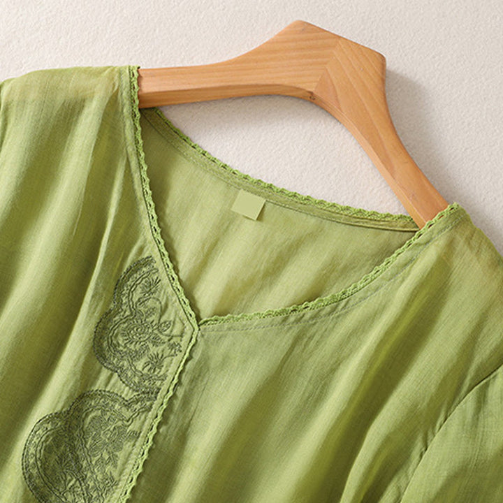 Camiseta de lino y algodón con cuello en V y media manga para mujer, con estampado bordado de Buddha Stones - image 18