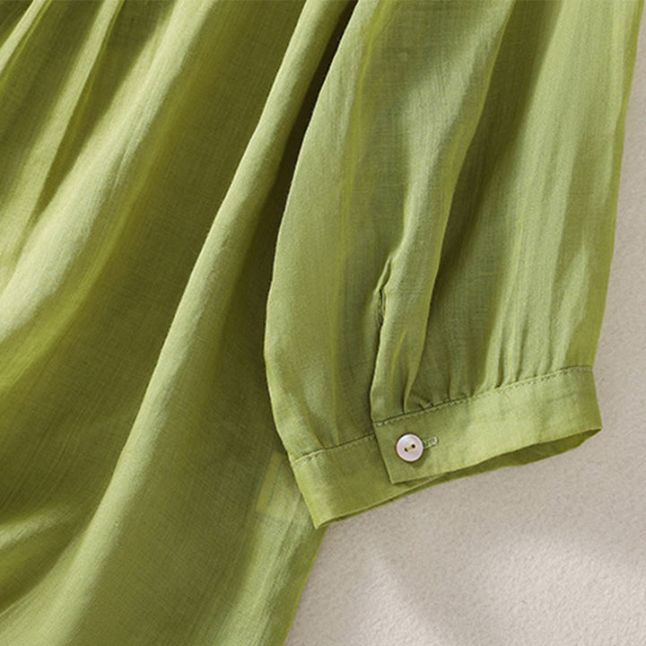 Camiseta de lino y algodón con cuello en V y media manga para mujer, con estampado bordado de Buddha Stones - image 19