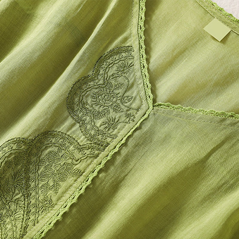 Camiseta de lino y algodón con cuello en V y media manga para mujer, con estampado bordado de Buddha Stones - image 16