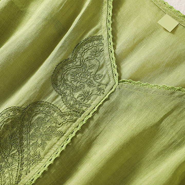 Camiseta de lino y algodón con cuello en V y media manga para mujer, con estampado bordado de Buddha Stones - image 16