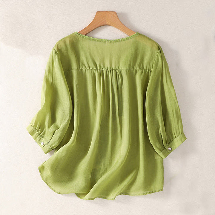 Camiseta de lino y algodón con cuello en V y media manga para mujer, con estampado bordado de Buddha Stones - image 14