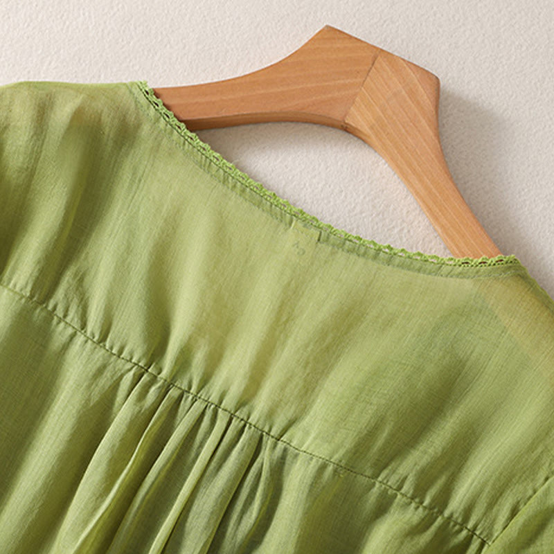 Camiseta de lino y algodón con cuello en V y media manga para mujer, con estampado bordado de Buddha Stones - image 21