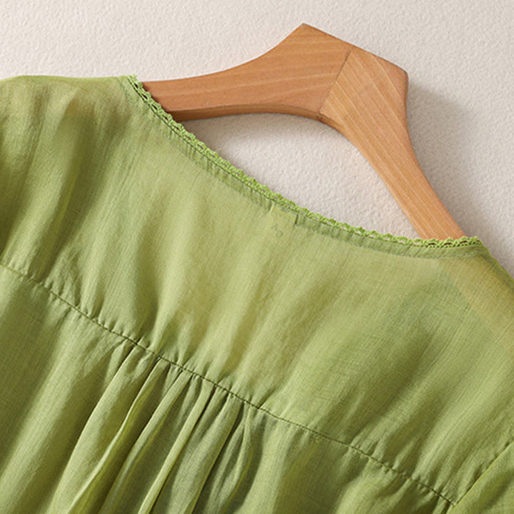 Camiseta de lino y algodón con cuello en V y media manga para mujer, con estampado bordado de Buddha Stones - image 21