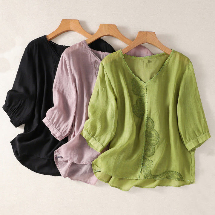 Camiseta de lino y algodón con cuello en V y media manga para mujer, con estampado bordado de Buddha Stones - image 23