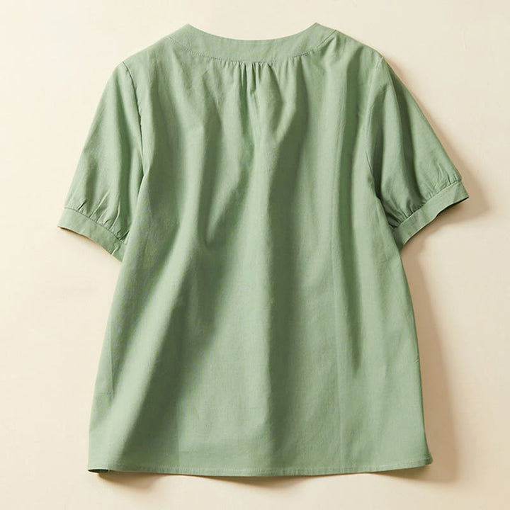 Camiseta informal de lino y algodón de manga corta con botones lisos de Buddha Stones para mujer - image 1