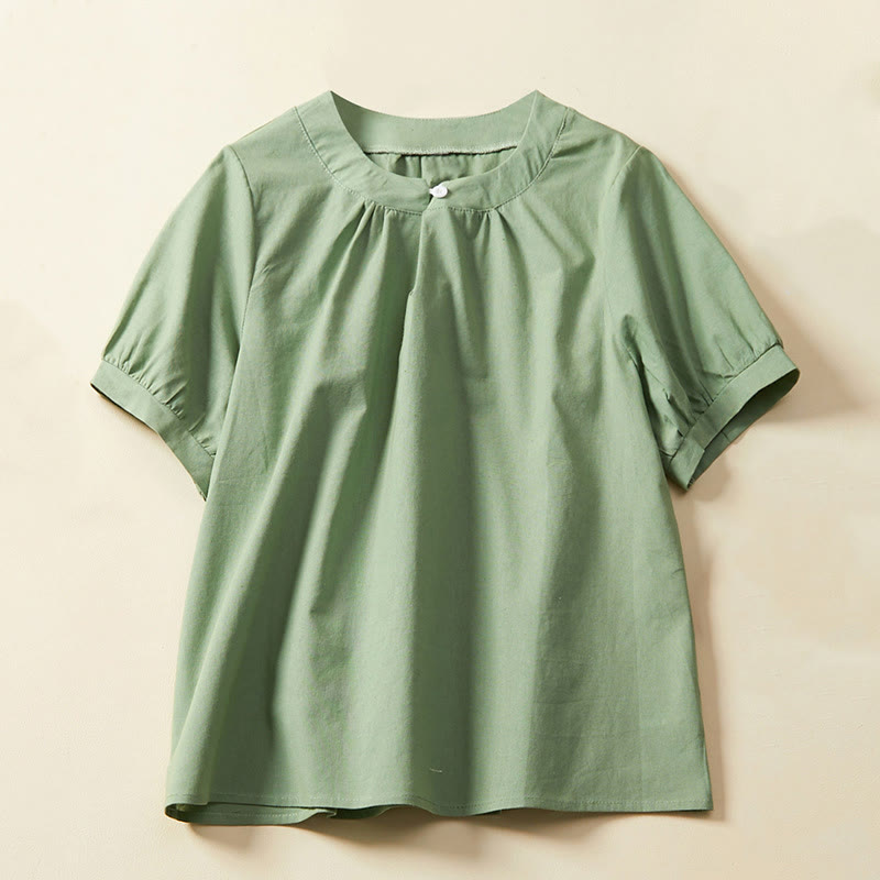Camiseta informal de lino y algodón de manga corta con botones lisos de Buddha Stones para mujer - Verde mar medio - US14，UK/AU18，EU46 (2XL) - image 0