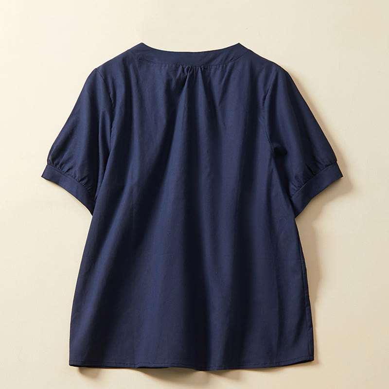 Camiseta informal de lino y algodón de manga corta con botones lisos de Buddha Stones para mujer - image 5