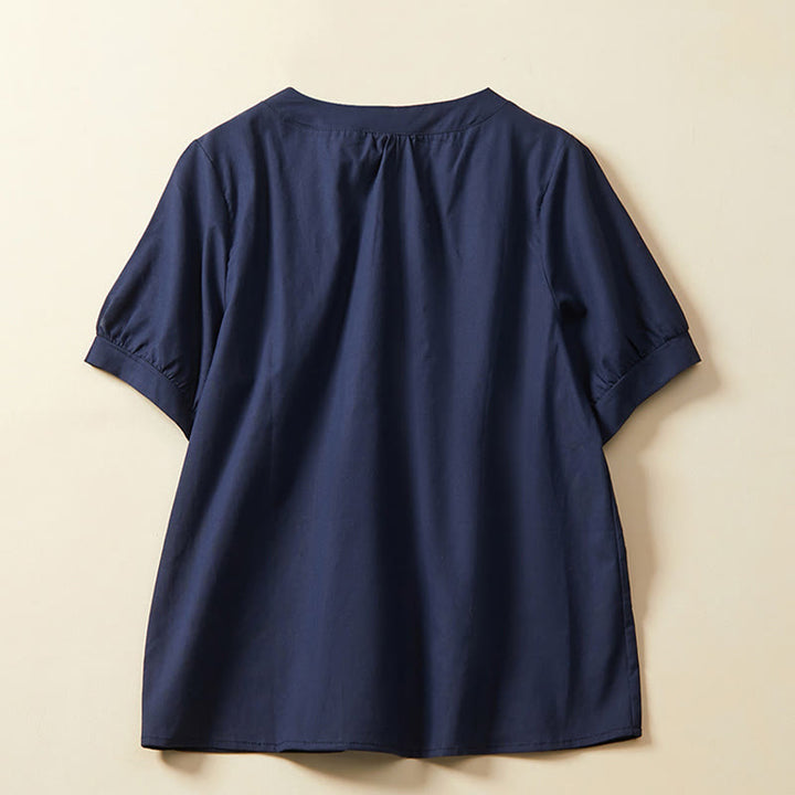 Camiseta informal de lino y algodón de manga corta con botones lisos de Buddha Stones para mujer - image 5