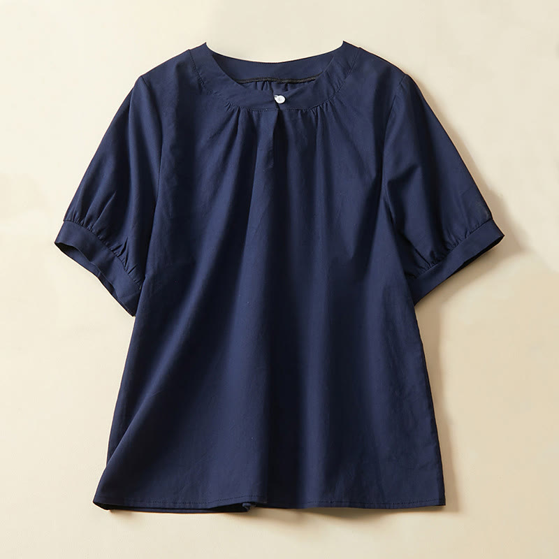 Camiseta informal de lino y algodón de manga corta con botones lisos de Buddha Stones para mujer - Marina de guerra - US14，UK/AU18，EU46 (2XL) - image 5