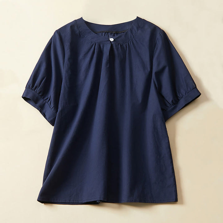 Camiseta informal de lino y algodón de manga corta con botones lisos de Buddha Stones para mujer - Marina de guerra - US14，UK/AU18，EU46 (2XL) - image 4