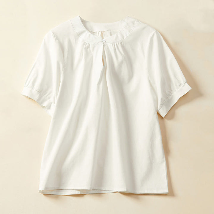 Camiseta informal de lino y algodón de manga corta con botones lisos de Buddha Stones para mujer - Blanco - US14，UK/AU18，EU46 (2XL) - image 2