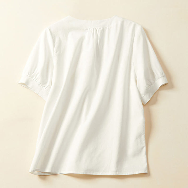 Camiseta informal de lino y algodón de manga corta con botones lisos de Buddha Stones para mujer - image 3
