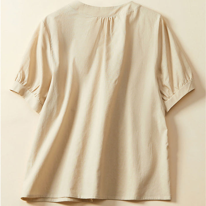 Camiseta informal de lino y algodón de manga corta con botones lisos de Buddha Stones para mujer - image 8