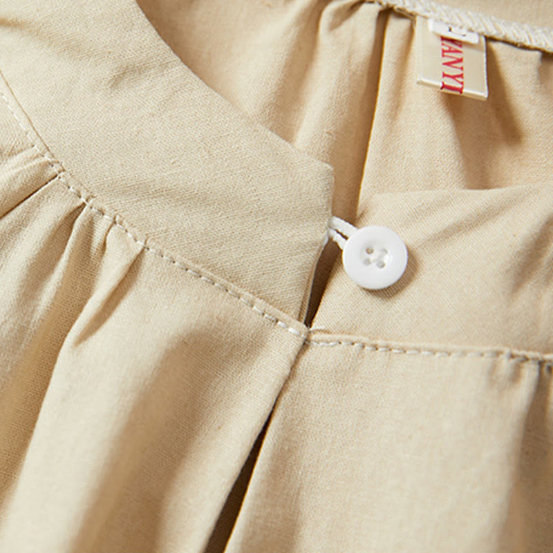 Camiseta informal de lino y algodón de manga corta con botones lisos de Buddha Stones para mujer - image 8