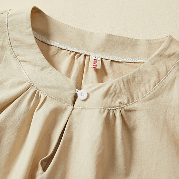 Camiseta informal de lino y algodón de manga corta con botones lisos de Buddha Stones para mujer - image 10