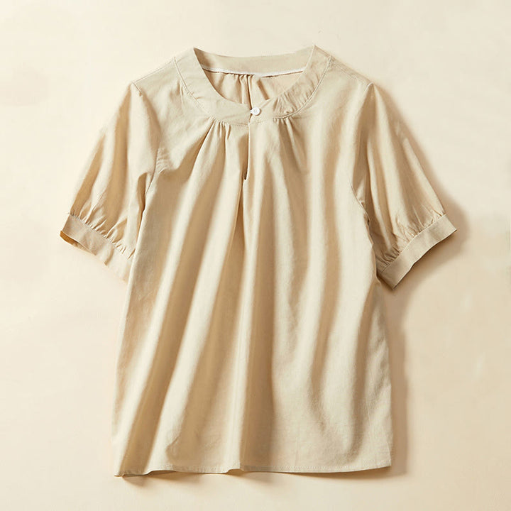 Camiseta informal de lino y algodón de manga corta con botones lisos de Buddha Stones para mujer - Mocasín - US14，UK/AU18，EU46 (2XL) - image 6