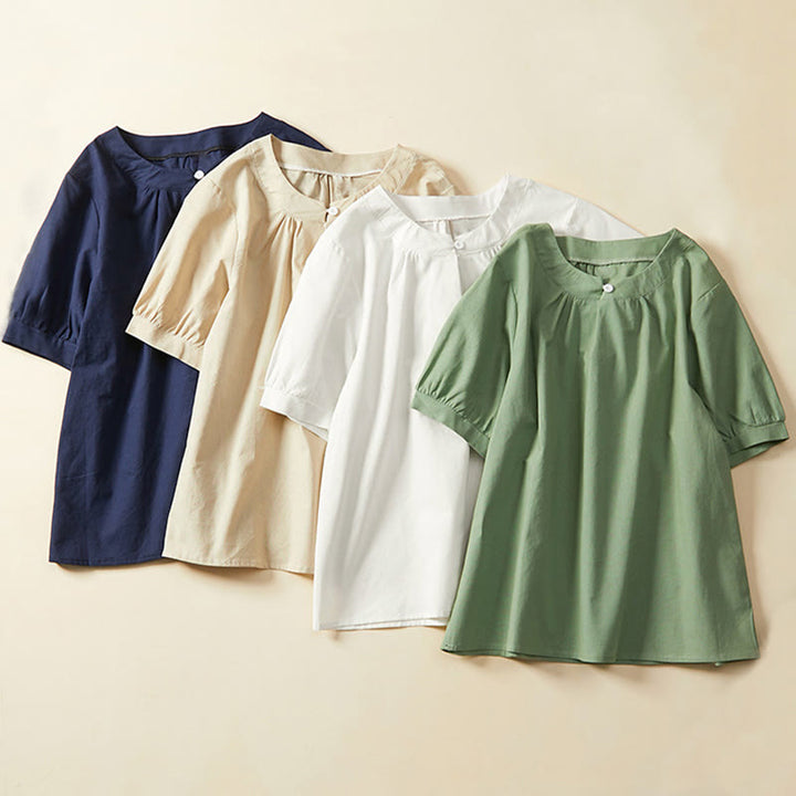 Camiseta informal de lino y algodón de manga corta con botones lisos de Buddha Stones para mujer - image 13