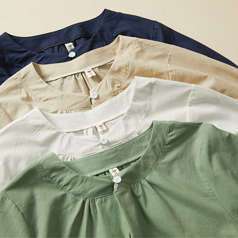 Camiseta informal de lino y algodón de manga corta con botones lisos de Buddha Stones para mujer - image 14