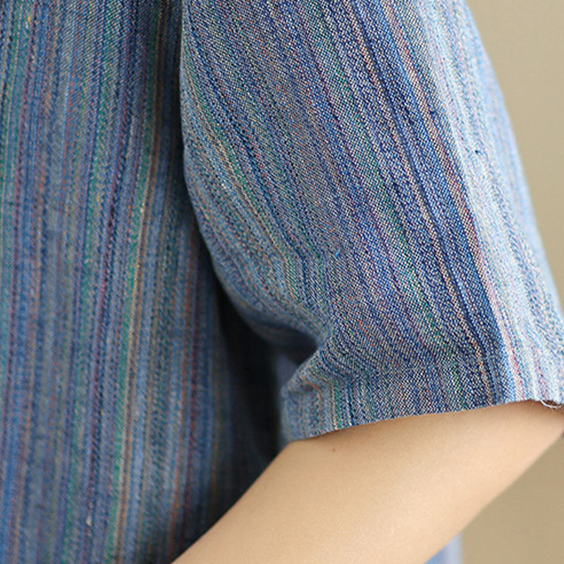 Camiseta de lino y algodón de media manga para mujer, estilo retro, con rayas y estampado de Buddha Stones - image 6