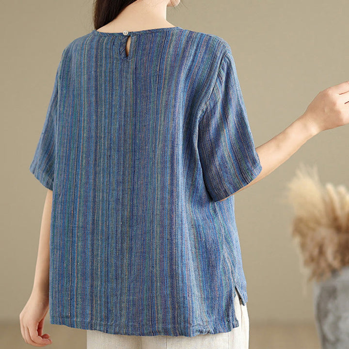 Camiseta de lino y algodón de media manga para mujer, estilo retro, con rayas y estampado de Buddha Stones - image 9