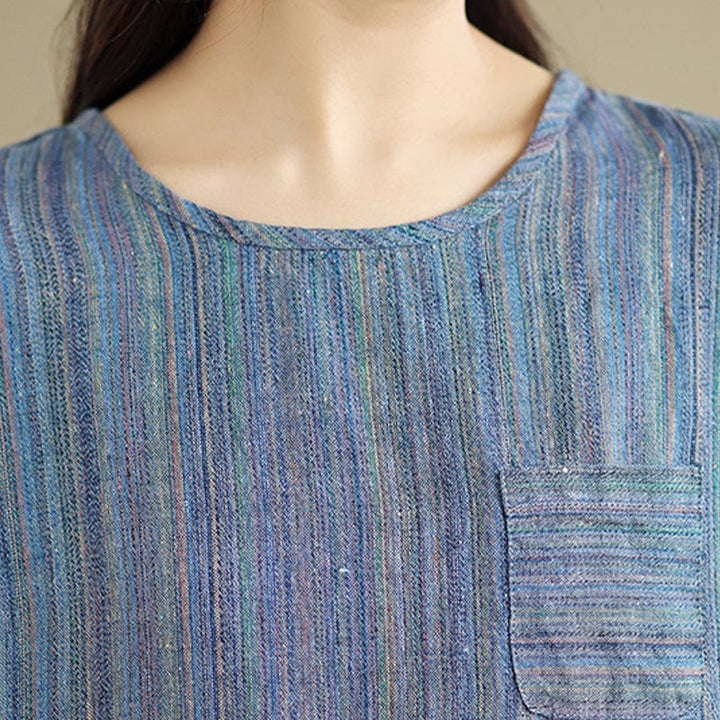 Camiseta de lino y algodón de media manga para mujer, estilo retro, con rayas y estampado de Buddha Stones - image 3