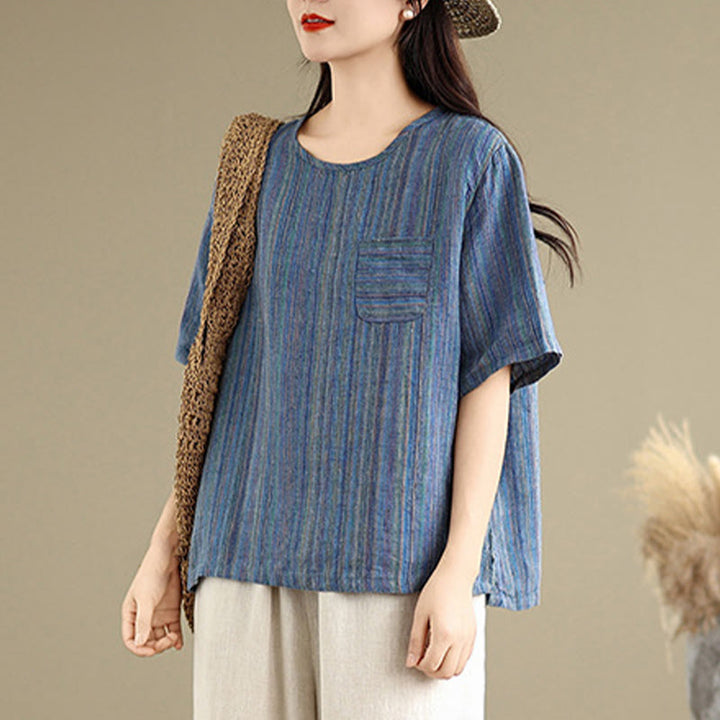 Camiseta de lino y algodón de media manga para mujer, estilo retro, con rayas y estampado de Buddha Stones - image 4