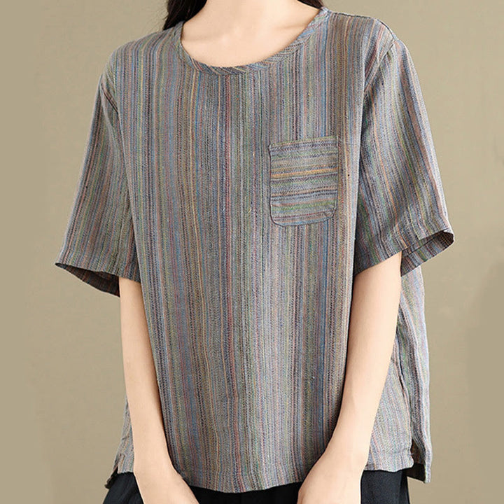 Camiseta de lino y algodón de media manga para mujer, estilo retro, con rayas y estampado de Buddha Stones - Gris pizarra - US12, UK/AU16, EU44 (2XL) - image 10