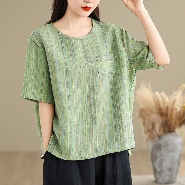 Camiseta de lino y algodón de media manga para mujer, estilo retro, con rayas y estampado de Buddha Stones - Verde mar oscuro - US12, UK/AU16, EU44 (2XL) - image 15