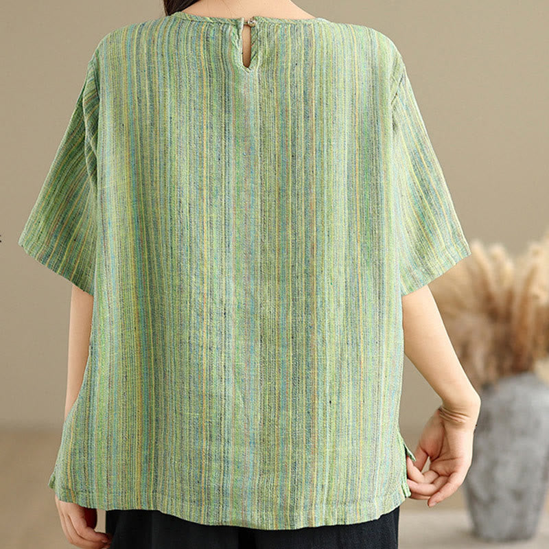 Camiseta de lino y algodón de media manga para mujer, estilo retro, con rayas y estampado de Buddha Stones - image 20