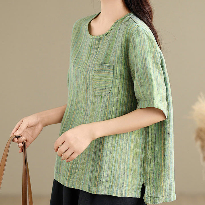 Camiseta de lino y algodón de media manga para mujer, estilo retro, con rayas y estampado de Buddha Stones - image 19