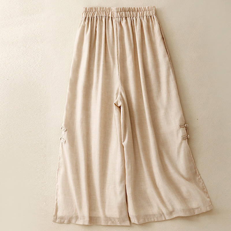 Pantalones anchos de Buddha Stones y algodón para mujer con diseño de rana y botones en el dobladillo y aberturas, con bolsillos - image 2