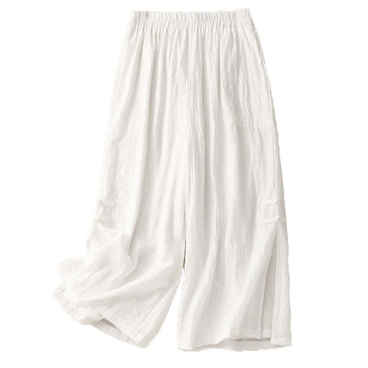 Pantalones anchos de Buddha Stones y algodón para mujer con diseño de rana y botones en el dobladillo y aberturas, con bolsillos - image 13