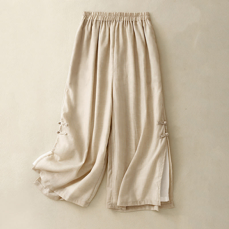 Pantalones anchos de Buddha Stones y algodón para mujer con diseño de rana y botones en el dobladillo y aberturas, con bolsillos - Beige - US8-10，UK/AU12-14，EU40-42 (2XL) - image 0