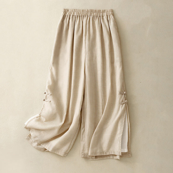 Pantalones anchos de Buddha Stones y algodón para mujer con diseño de rana y botones en el dobladillo y aberturas, con bolsillos - Beige - US8-10，UK/AU12-14，EU40-42 (2XL) - image 0