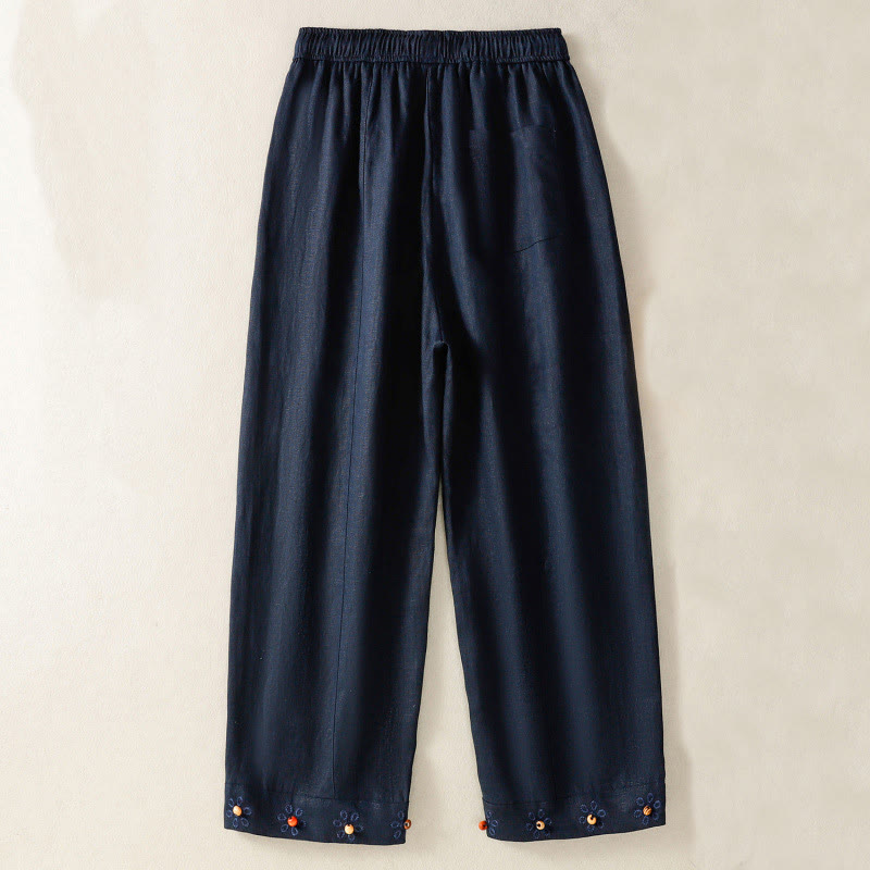 Pantalones anchos de algodón para mujer con cordón y cuentas bordadas con Buddha Stones y bolsillos - image 1