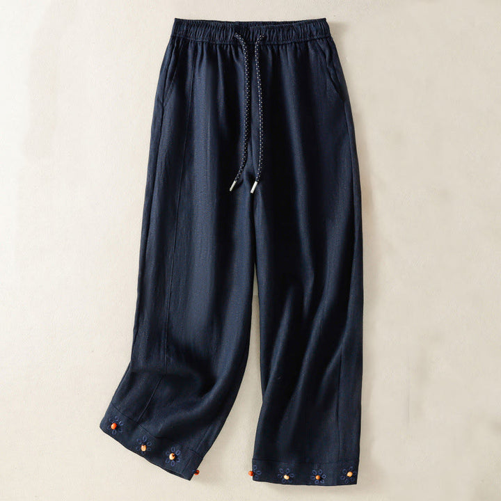 Pantalones anchos de algodón para mujer con cordón y cuentas bordadas con Buddha Stones y bolsillos - Azul medianoche - US8-10，UK/AU12-14，EU40-42 (2XL) - image 1