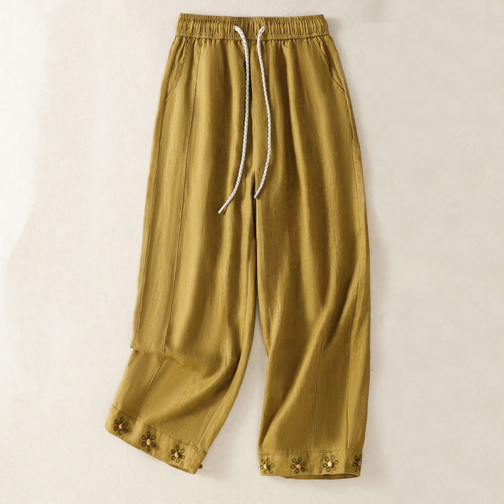 Pantalones anchos de algodón para mujer con cordón y cuentas bordadas con Buddha Stones y bolsillos - image 8