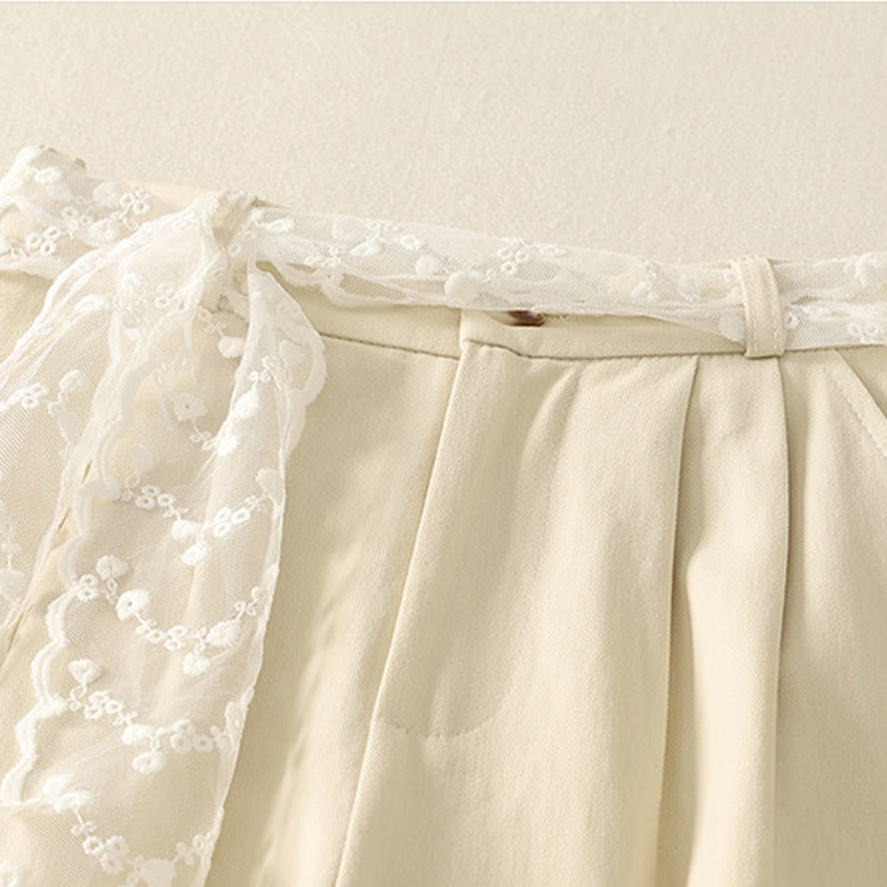Pantalones de algodón de pierna ancha con bolsillos y cinturón de encaje de color liso para mujer de Buddha Stones Daily - image 2