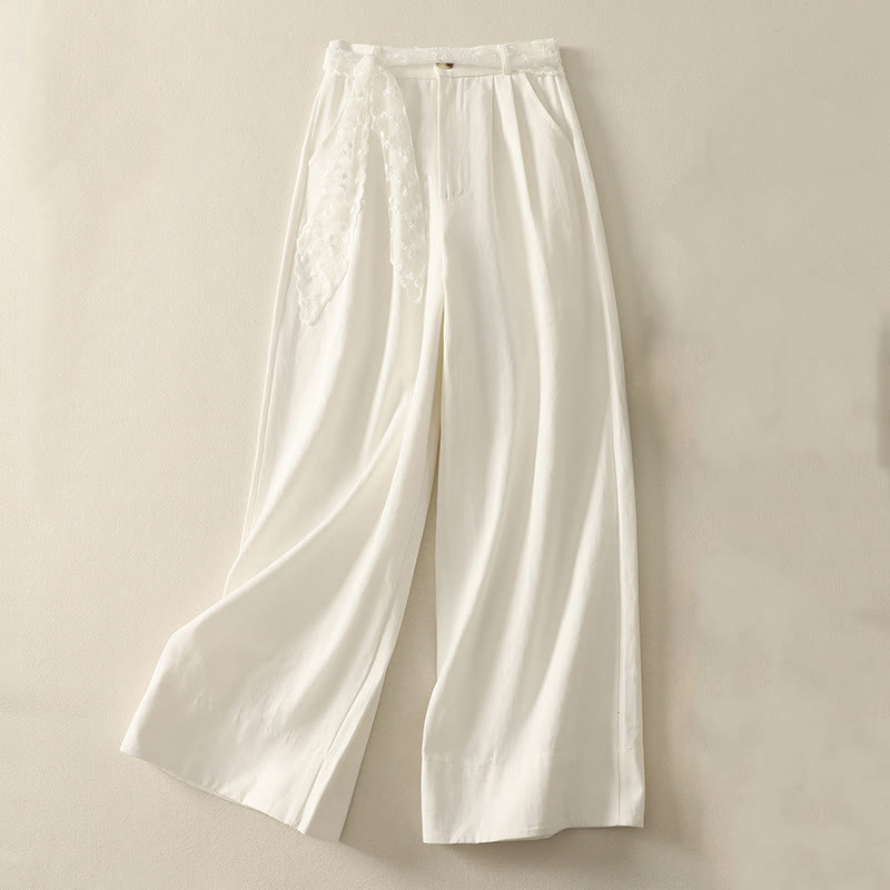 Pantalones de algodón de pierna ancha con bolsillos y cinturón de encaje de color liso para mujer de Buddha Stones Daily - Blanco - US8-10，UK/AU12-14，EU40-42 (2XL) - image 7