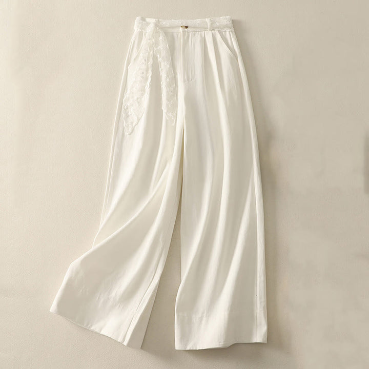Pantalones de algodón de pierna ancha con bolsillos y cinturón de encaje de color liso para mujer de Buddha Stones Daily - Blanco - US8-10，UK/AU12-14，EU40-42 (2XL) - image 7