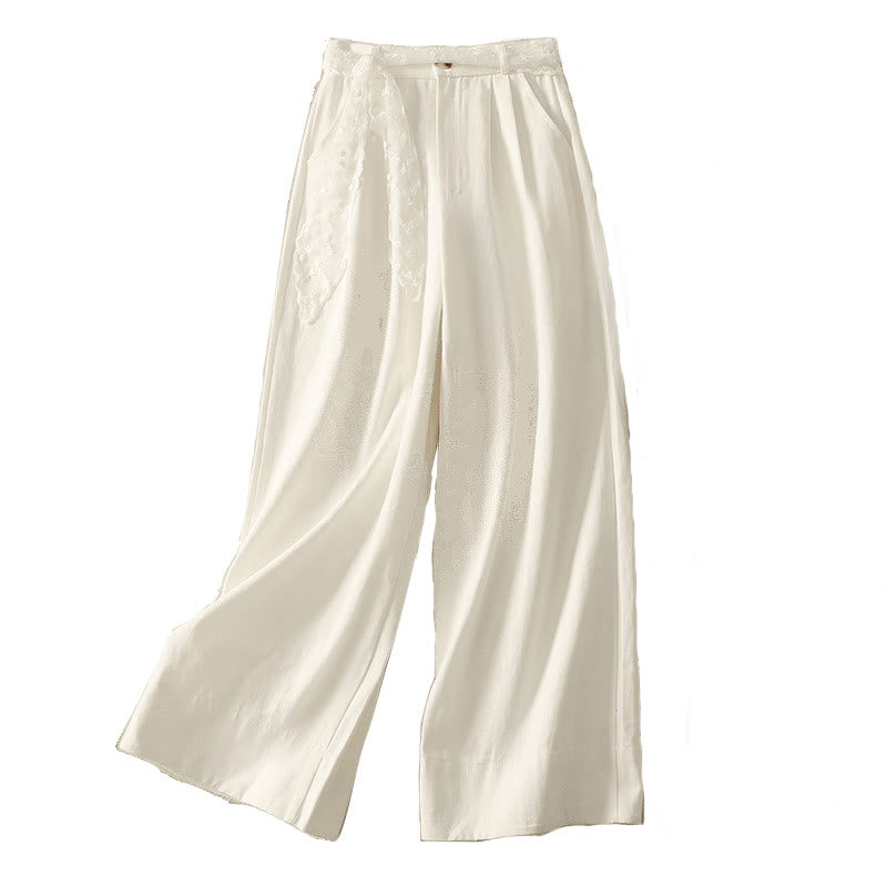 Pantalones de algodón de pierna ancha con bolsillos y cinturón de encaje de color liso para mujer de Buddha Stones Daily - image 17