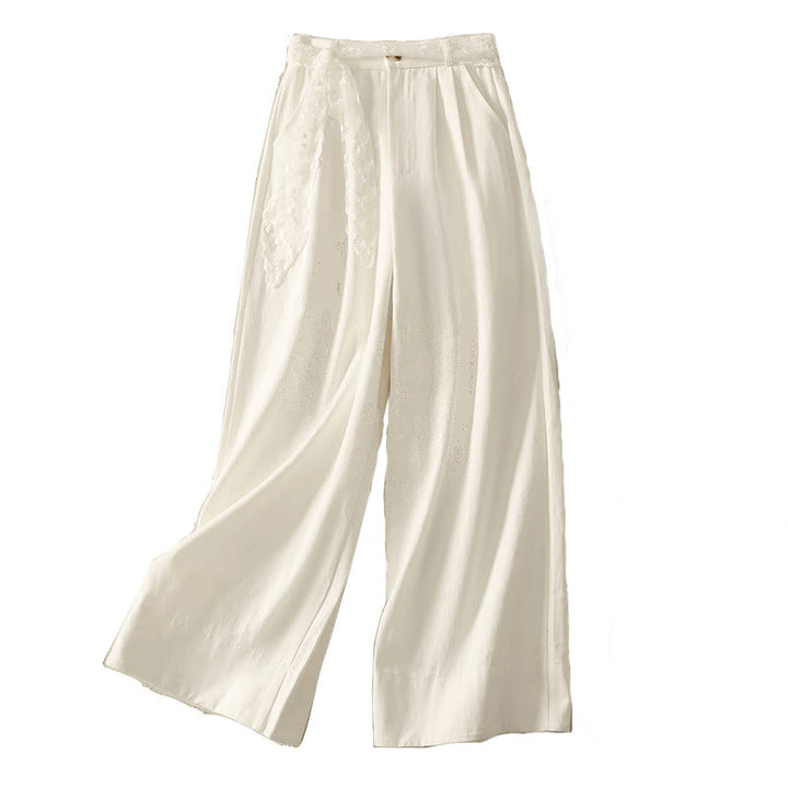 Pantalones de algodón de pierna ancha con bolsillos y cinturón de encaje de color liso para mujer de Buddha Stones Daily - image 17