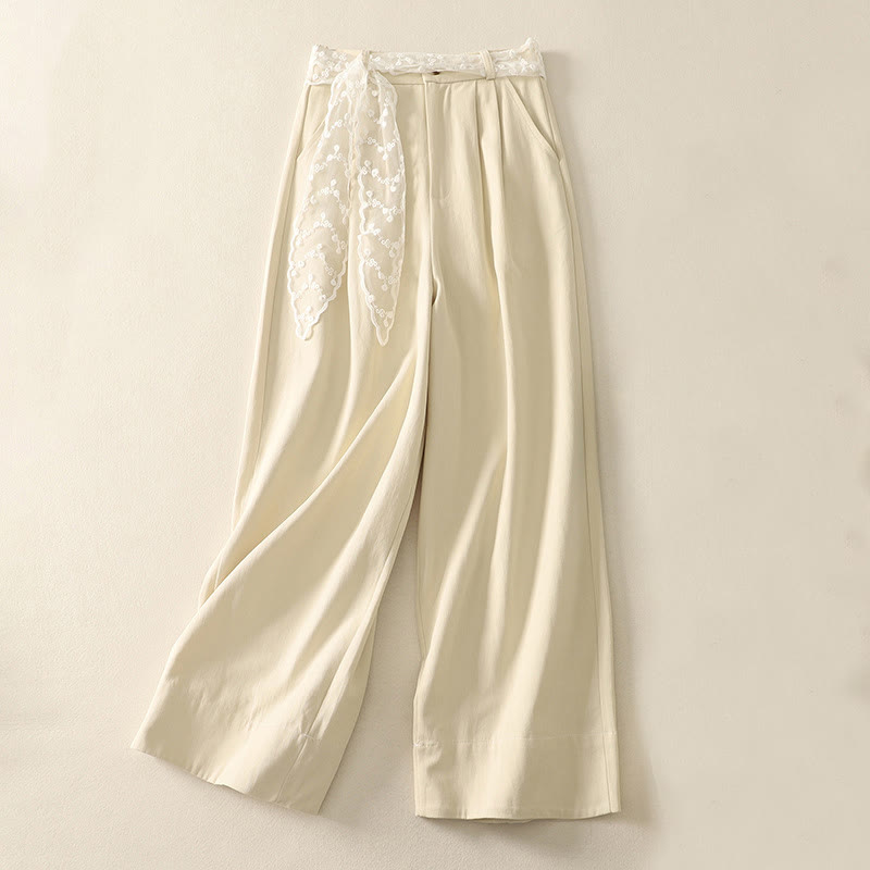 Pantalones de algodón de pierna ancha con bolsillos y cinturón de encaje de color liso para mujer de Buddha Stones Daily - Beige - US8-10，UK/AU12-14，EU40-42 (2XL) - image 1