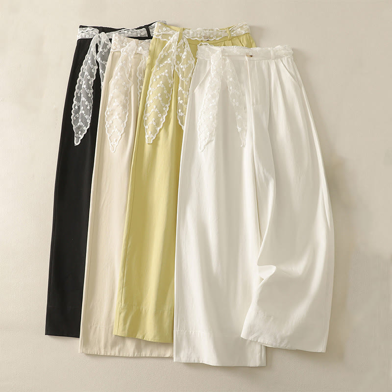 Pantalones de algodón de pierna ancha con bolsillos y cinturón de encaje de color liso para mujer de Buddha Stones Daily - image 28