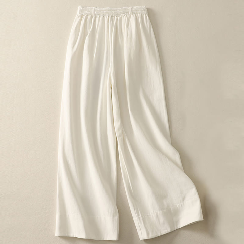 Pantalones de algodón de pierna ancha con bolsillos y cinturón de encaje de color liso para mujer de Buddha Stones Daily - image 7