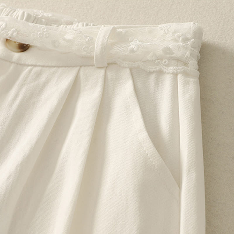 Pantalones de algodón de pierna ancha con bolsillos y cinturón de encaje de color liso para mujer de Buddha Stones Daily - image 12