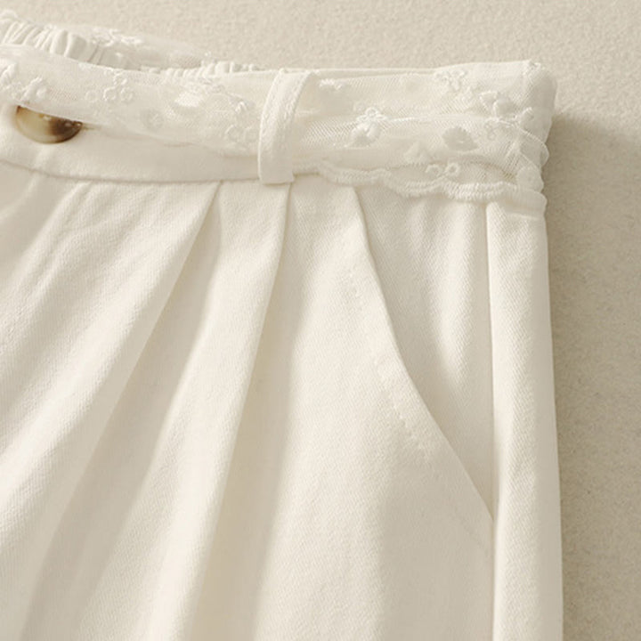 Pantalones de algodón de pierna ancha con bolsillos y cinturón de encaje de color liso para mujer de Buddha Stones Daily - image 12