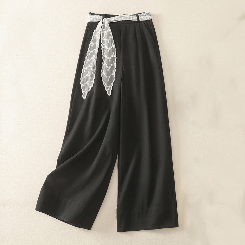 Pantalones de algodón de pierna ancha con bolsillos y cinturón de encaje de color liso para mujer de Buddha Stones Daily - Negro - US8-10，UK/AU12-14，EU40-42 (2XL) - image 17