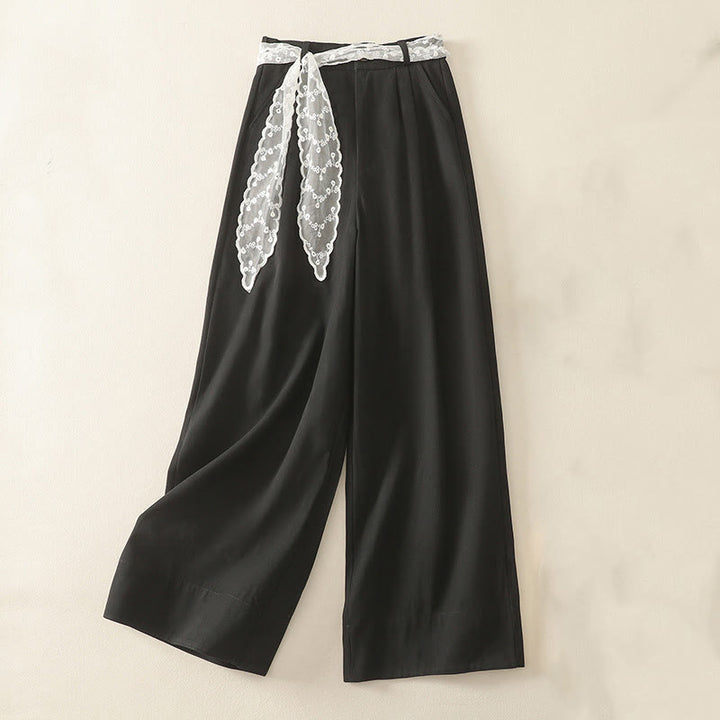 Pantalones de algodón de pierna ancha con bolsillos y cinturón de encaje de color liso para mujer de Buddha Stones Daily - Negro - US8-10，UK/AU12-14，EU40-42 (2XL) - image 17