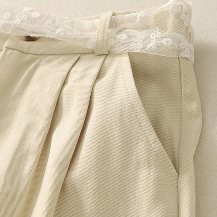 Pantalones de algodón de pierna ancha con bolsillos y cinturón de encaje de color liso para mujer de Buddha Stones Daily - image 3